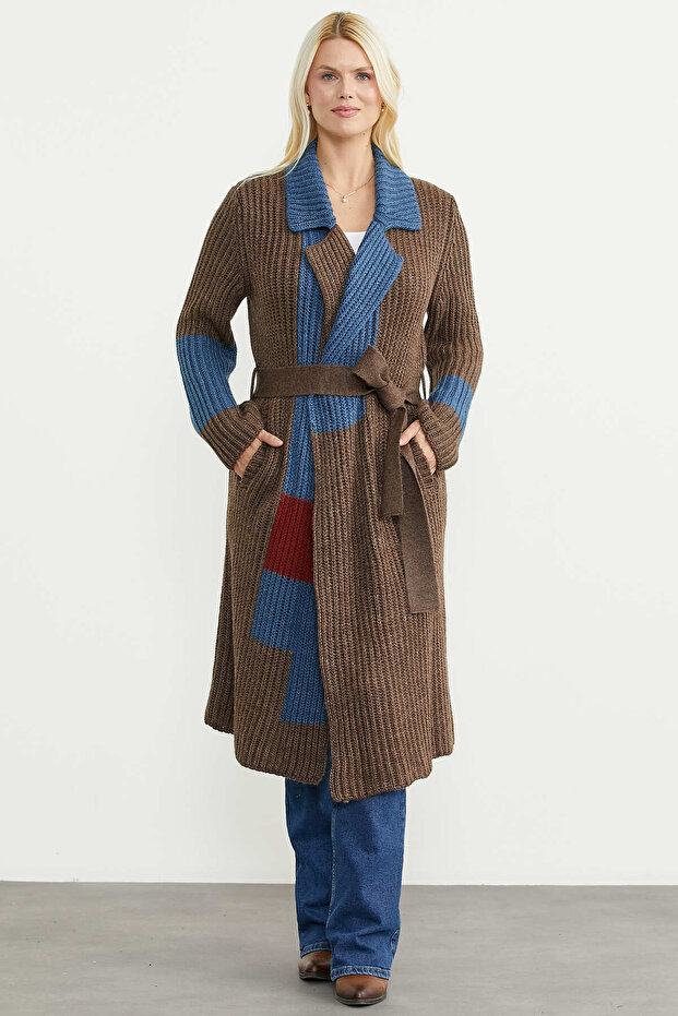 Belted Long Knit Cardigan - Brown
