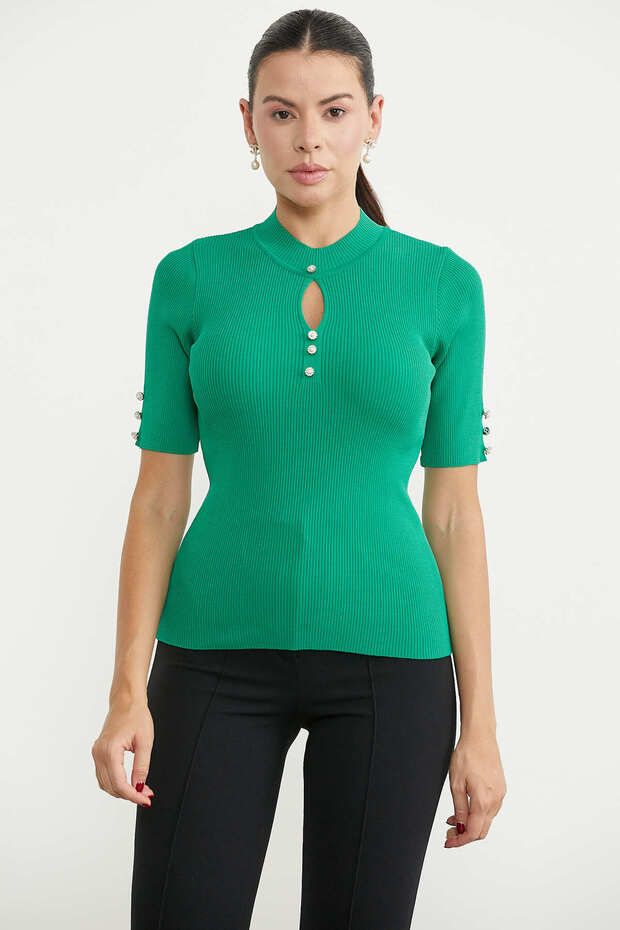 Drop Collar Short Sleeve Knit Sweater - Green
