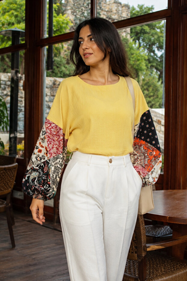 Women's Yellow Patterned Balloon Knit Sweater Arm-20K081001