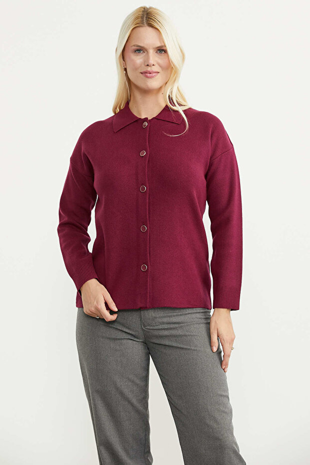 Polo Collar Buttoned Knitwear Cardigan - Claret Red