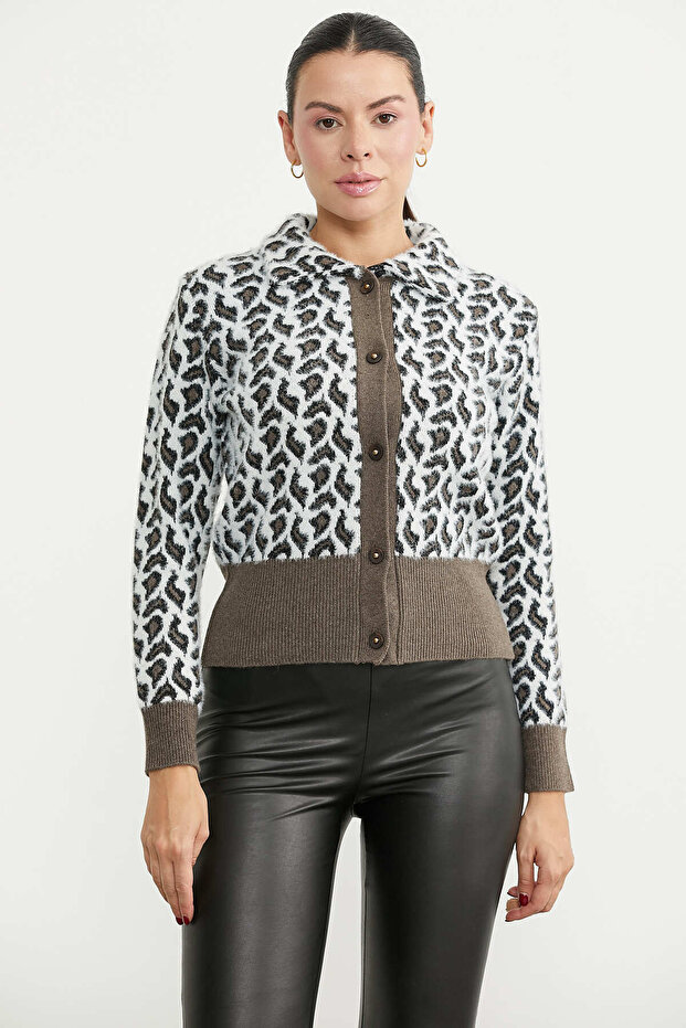 Wool Patterned Knitwear Cardigan - Milk Coffee