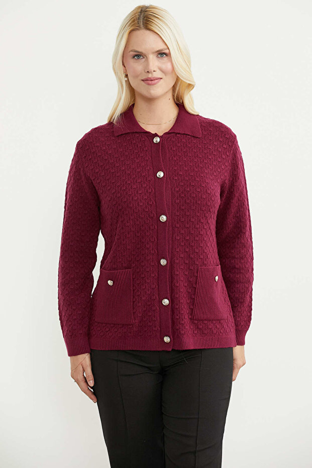Collared Buttoned Knitwear Cardigan - Claret Red