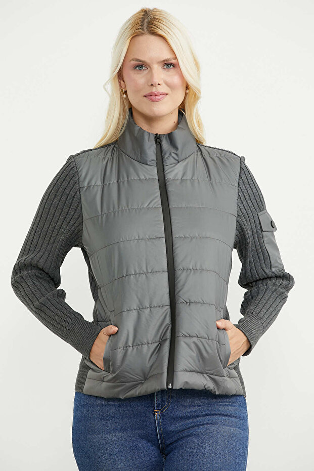 High Collar Quilted Combination Cotton Knitwear Coat - Anthracite