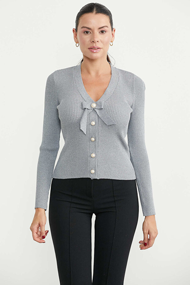 Pearl Buttoned Bow Detailed Knitwear Cardigan - Gray