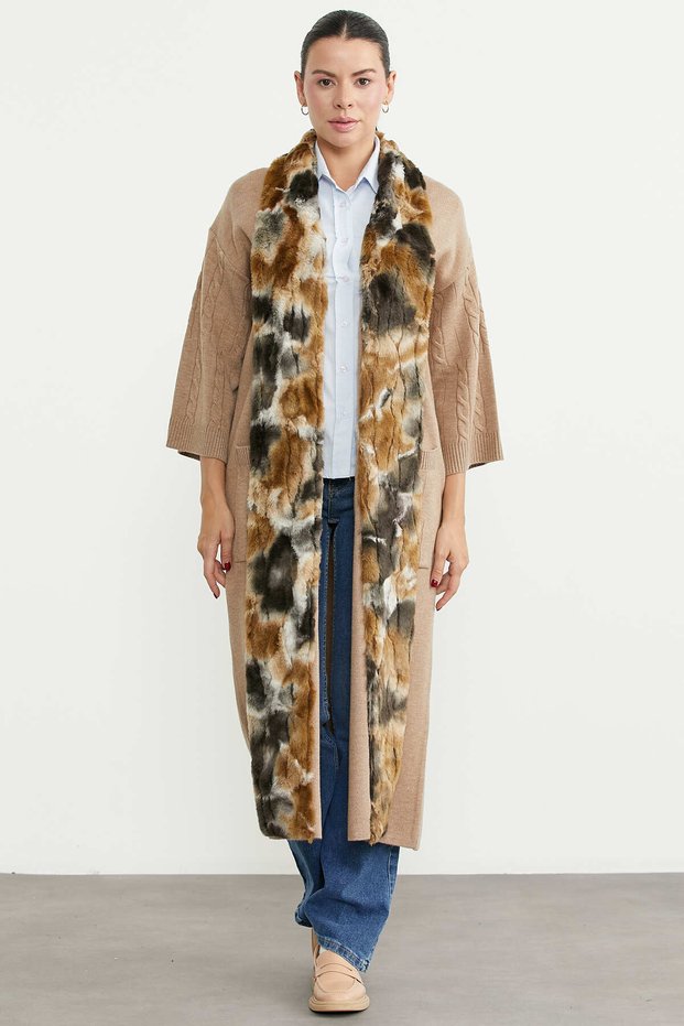 Long Knitwear Cardigan with Faux Fur Detail - Beige