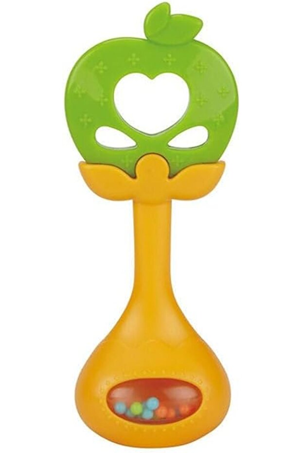 HE0157 Baby Teether Rattle, Apple Design, 17.2x7.8x5.3 cm, Silicone, Yellow and Green, 0-12 Months