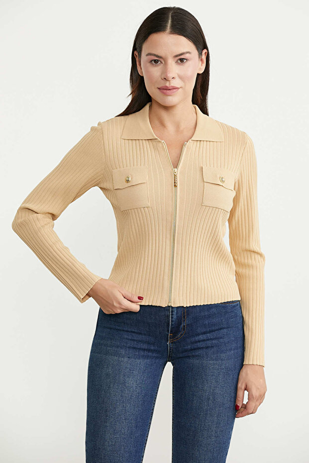 Knitwear Cardigan with Zipper Closure Pocket - Beige