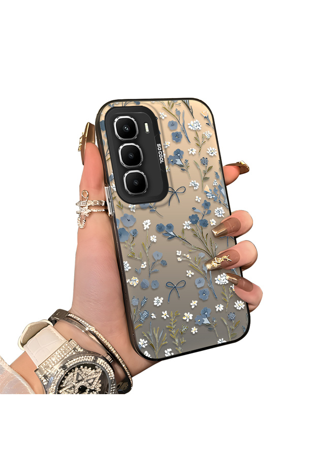 Infinix Hot 60 Pro Compatible Blue Flower and Ribbon Hard Phone Case, Shock Protection