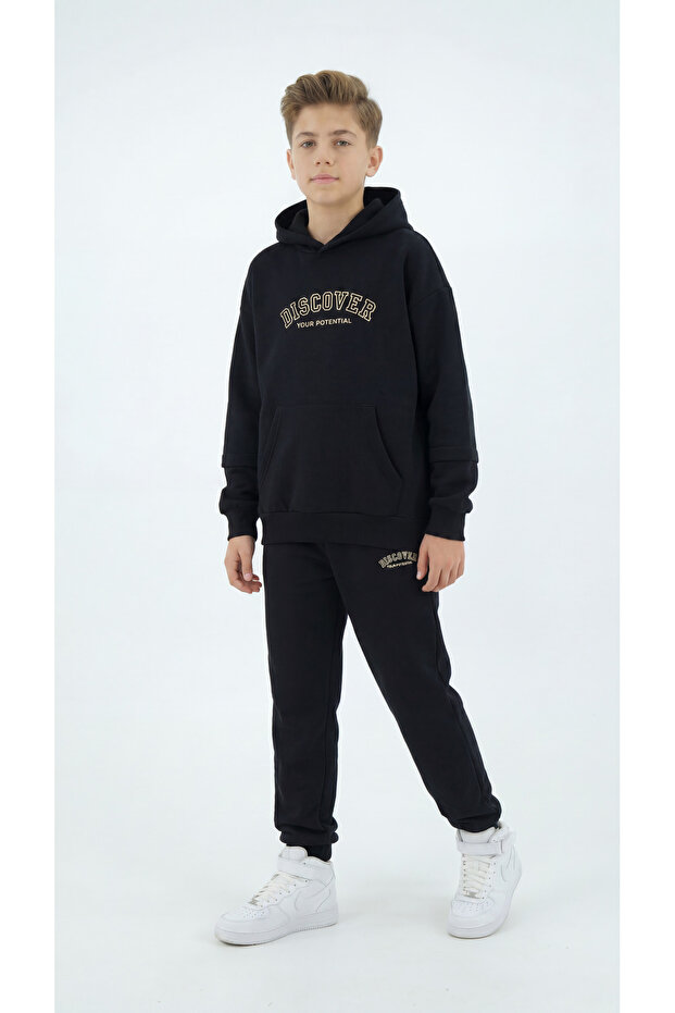 Embroidered Boys' Hooded Kangaroo Pocket Tracksuit Set