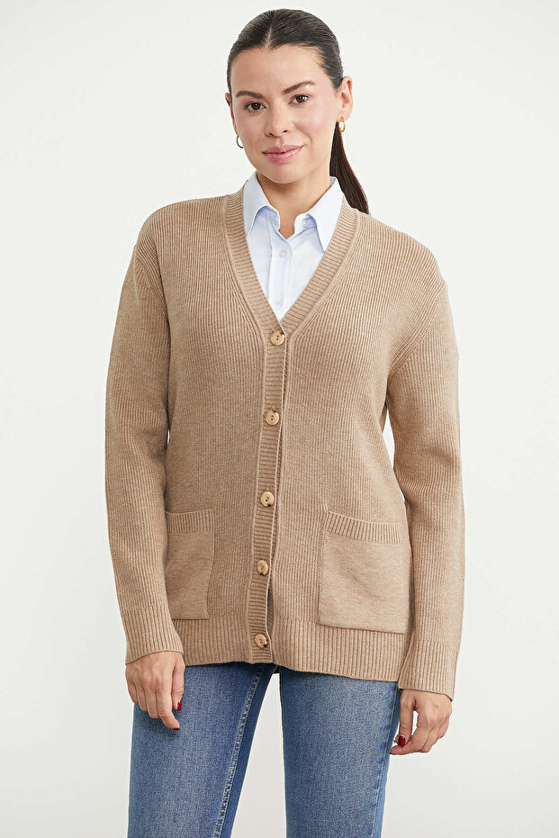 Ribbed Pocket Detailed Knitwear Cardigan - Camel