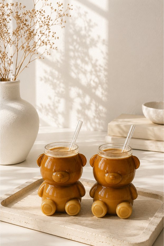 Heat Resistant Nordic Cute Teddy Bear Cup Coffee Milk and Presentation Cup 2 Pieces