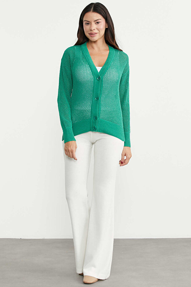 Perforated Motif Buttoned Cotton Knitwear Cardigan - Green