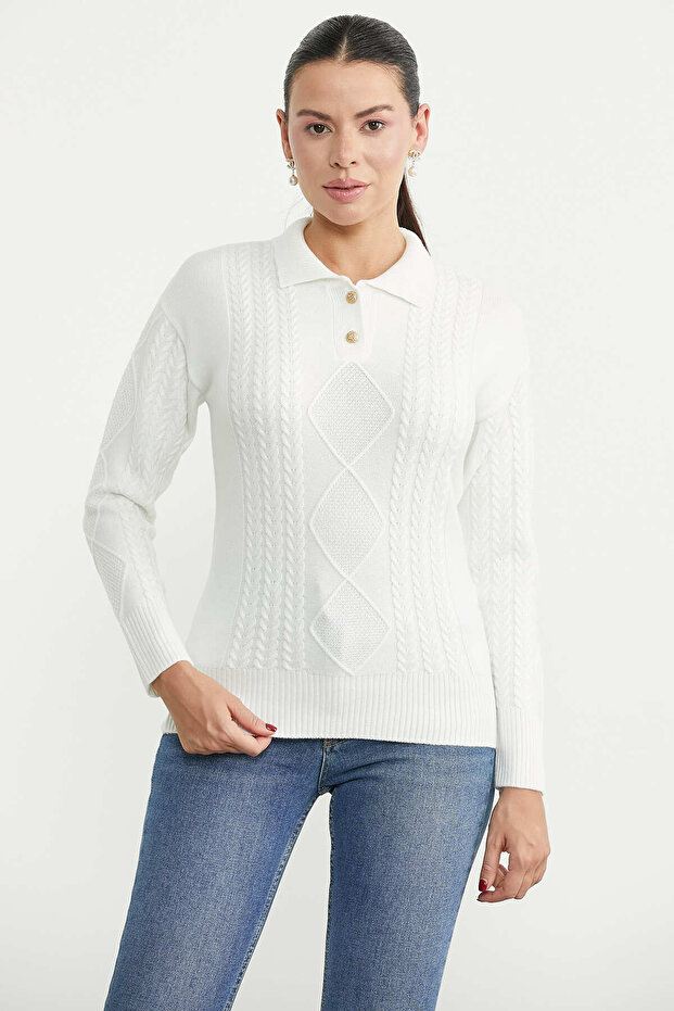 Polo Collar Buttoned Knit Sweater - Bone