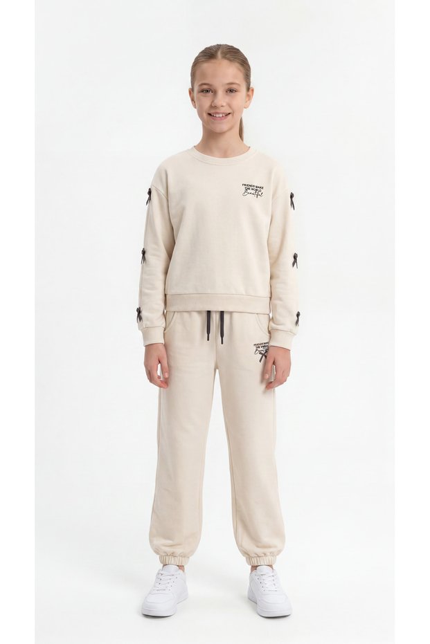 Friends Make the World Beautiful Printed Girls' Tracksuit Set with Bow and Elastic Cuffs