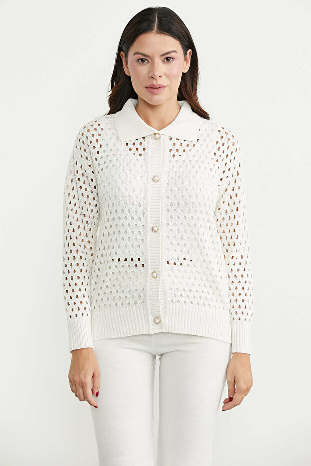Hole Motif Buttoned Cotton Knitwear Cardigan - Bone