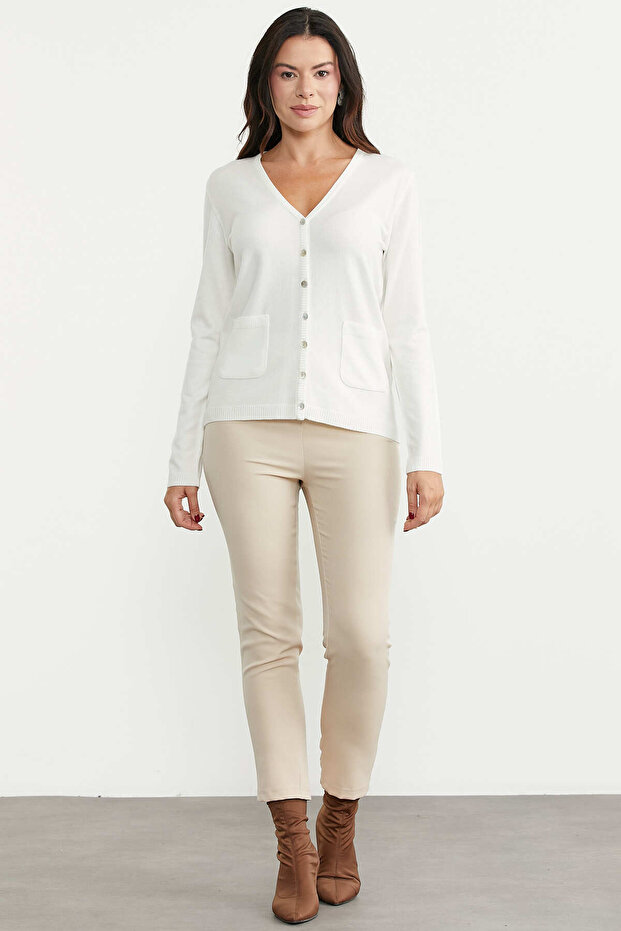 V-Neck Basic Knitwear Cardigan with Pockets - Bone