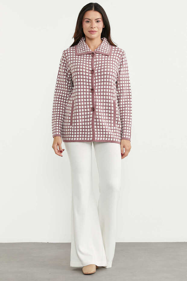 Houndstooth Patterned Wool Knitwear Jacket with Pockets - Rose