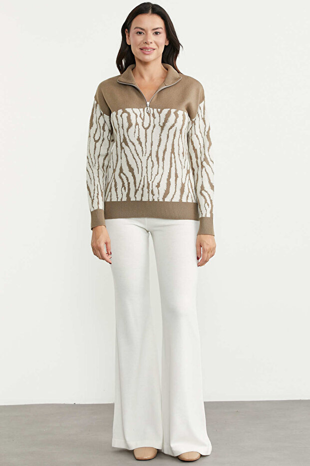 Zebra Patterned Half-Zip Knit Sweater - Mink