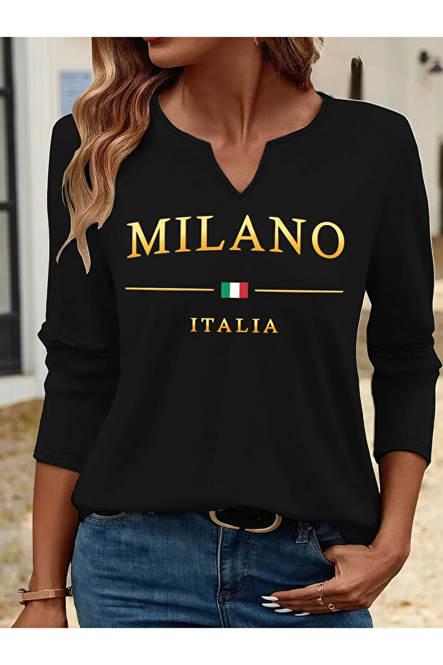 Printed Cotton Half V-Neck Long Sleeve Blouse T-Shirt