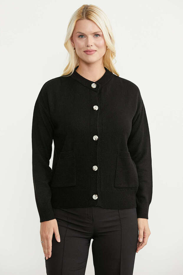 Buttoned Crew Neck Knit Cardigan - Black