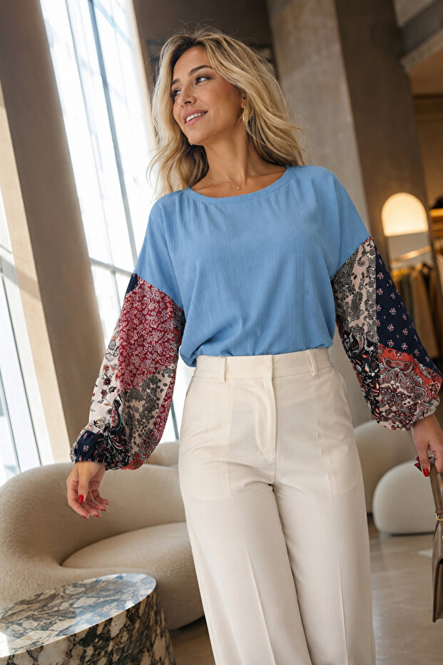 Women's Blue Patterned Balloon Knit Sweater Arm-20K081001