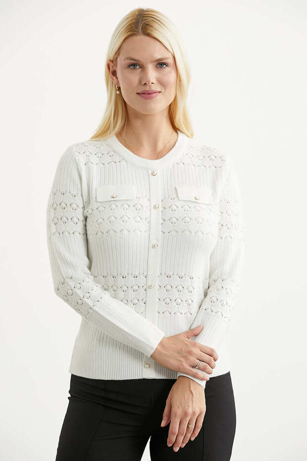 Perforated Motif Buttoned Knitwear Sweater - Bone