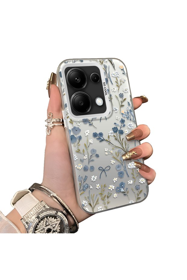 Redmi Note 13 Pro 4g Compatible Blue Flower and Ribbon Hard Phone Case, Shock Protection