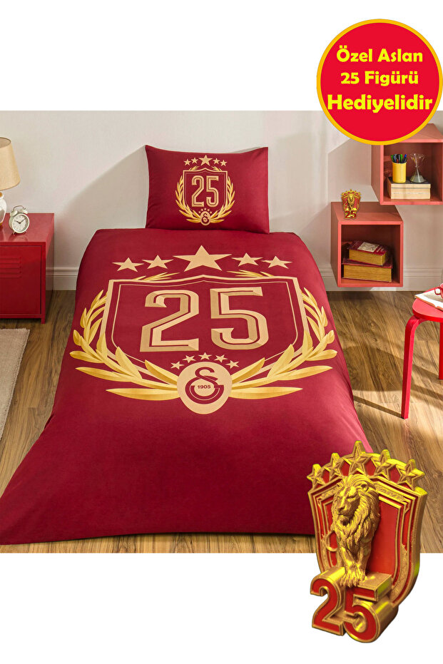 Licensed Galatasaray 25Th Championship Single Duvet Cover Set with 25 Lion Figures as a Gift