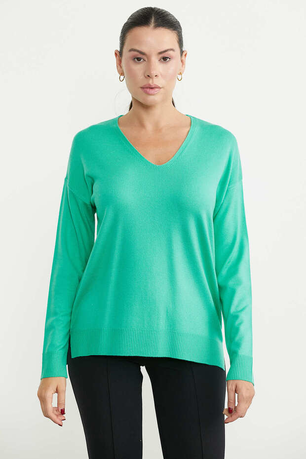 V-Neck Basic Knit Sweater - Green