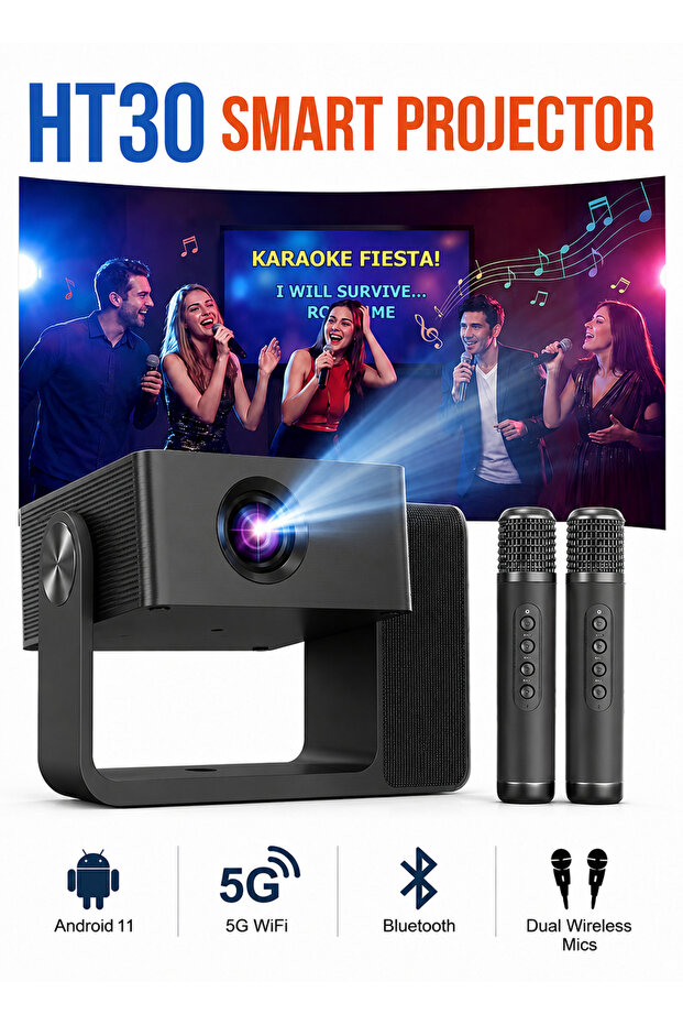 Smartbarry HT30 Karaoke Projector with Dual Wireless Microphones, Android 11, 5G WiFi, Bluetooth, 4K Video Supported, Home Theater Projector