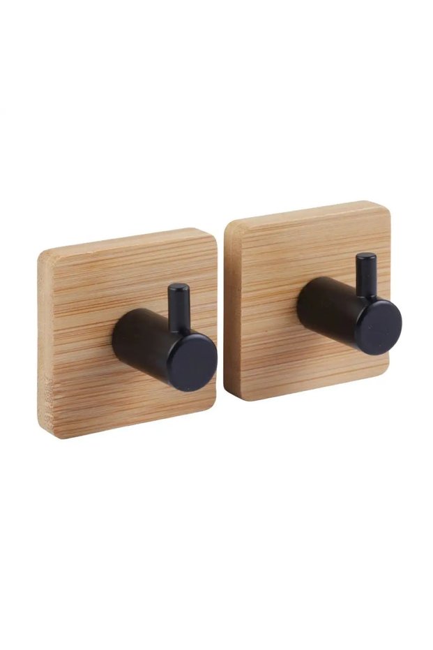 Stiky Adhesive Bamboo Hooks Set (2 Pc, Beige)