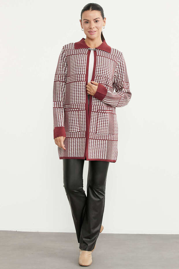 Houndstooth Patterned Long Knit Cardigan - Burgundy