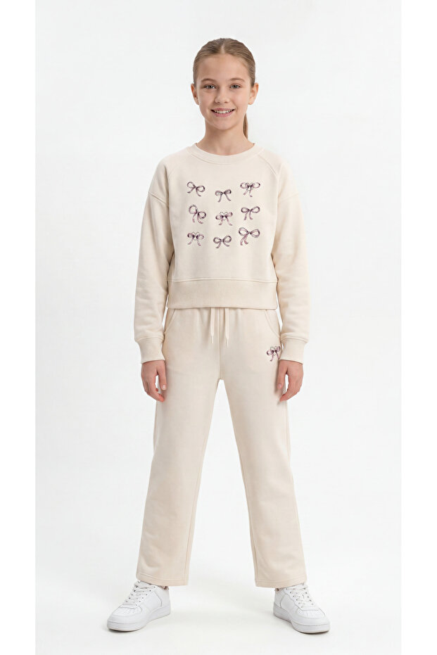 Ribbon Printed Girls' Top and Bottom Tracksuit Set