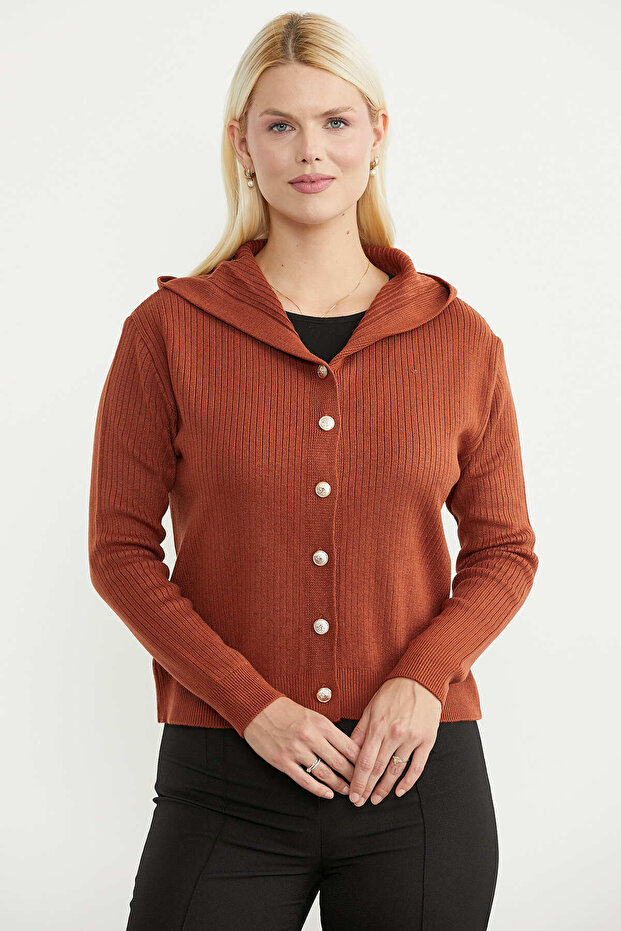 Ribbed Hooded Knit Cardigan - Tile
