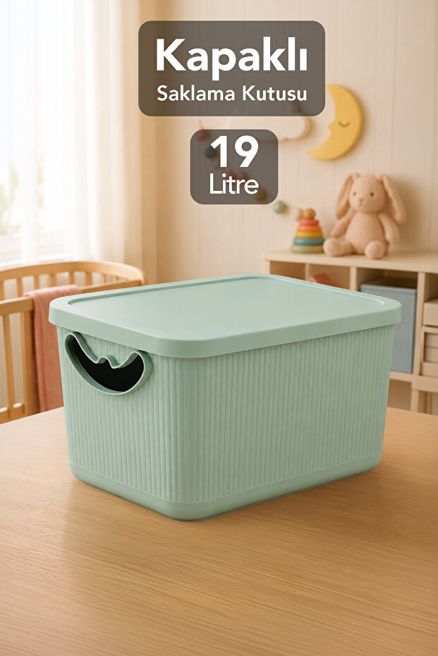 19Lt Toy Storage Box with Lid - Baby Kids Room Organizer Multi-Purpose Organizer Green