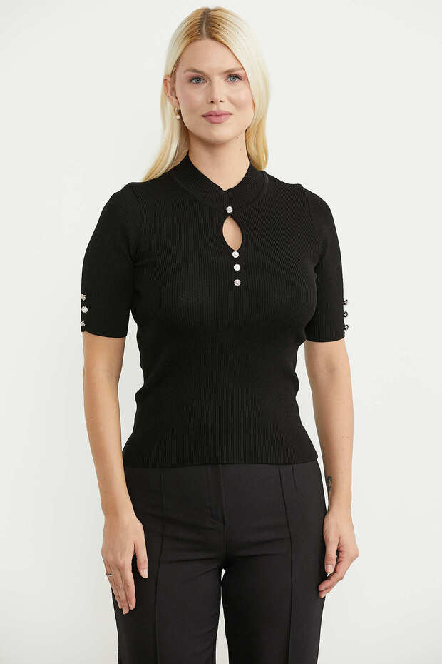 Drop Collar Short Sleeve Knitwear Sweater - Black