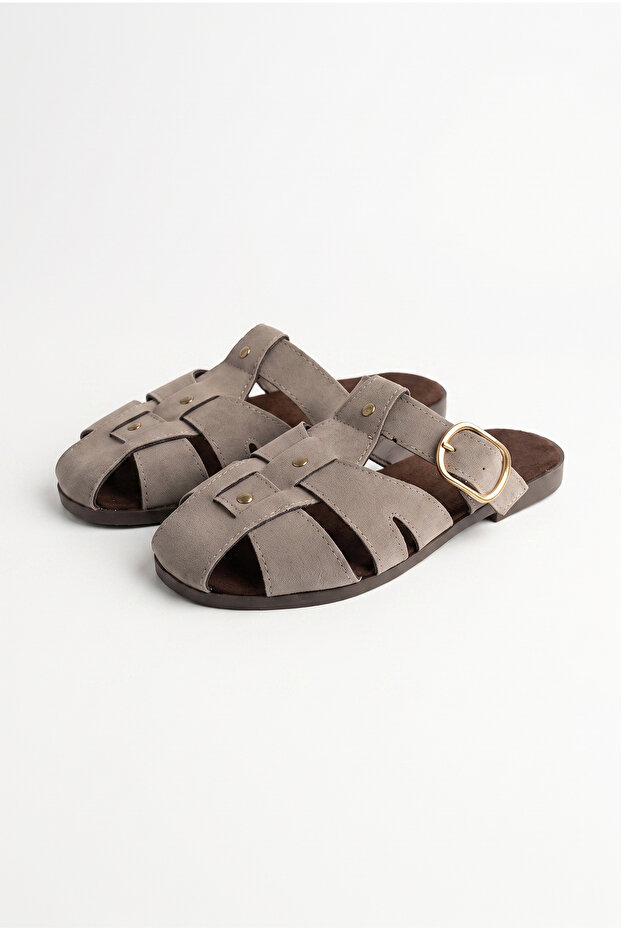 Women's Beige Suede Gold Buckle Belt Strap Flat Sole Slippers 50021004