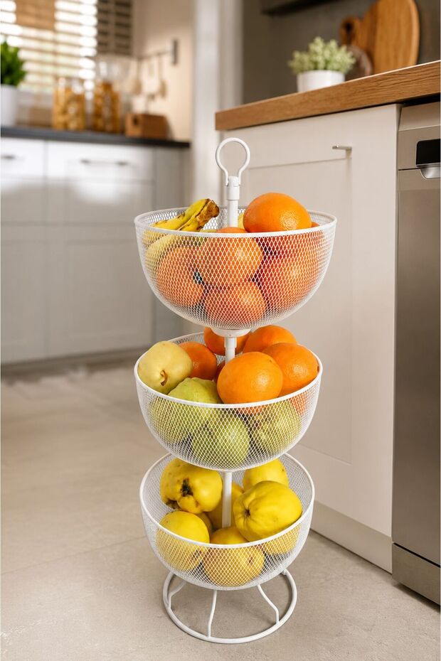 White Asi̇la 3-Layer Metal | | Potato Onion Holder Potato Onion Bucket Crisper Basket Kitchen Organizing Basket Crisper Balcony Basket 3-Tier Crisper | | 68 cm | | Fruit Bowl Organizer | | Easy Transportation