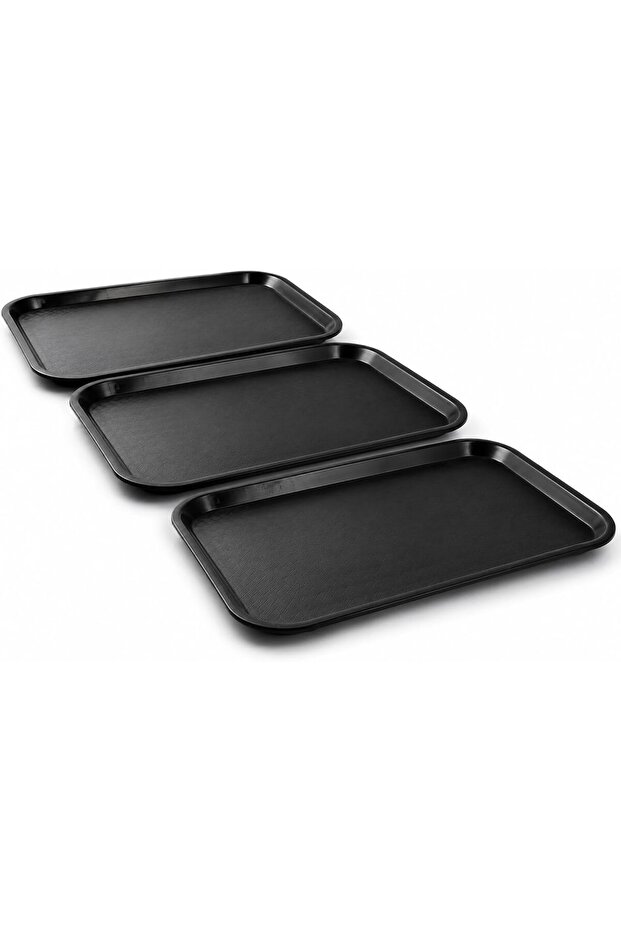 B&S Rectangular Shape Plastic Fast Food Tray | Durable Serving Tray for Restaurants, Cafes & Food Courts, Black (45.6cm x 35.6cm, 3pack)