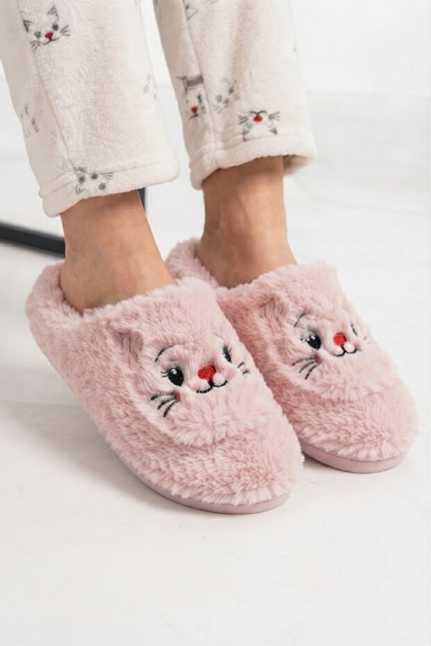 Women's Plush House Slippers with Cat Pattern, Soft, Warm, Furry, Comfortable Home - Dowry - Bundle Slippers