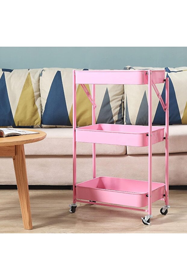 B&S 3 Tier Storage Trolley Cart, Foldable Metal Rolling Organizer Cart with Casters, Utility Service Cart for Kitchen Bathroom Office Laundry,Pink