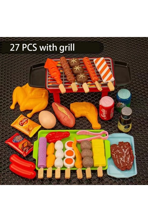27 PCS with grill Baby Dress Up Kitchen Toys BBQ Set Kids Simulated BBQ Cookware Cooking Simulated F