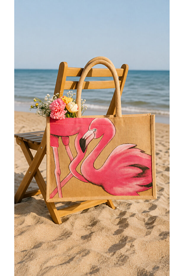 Hand-Painted Jute Tote Bag – Flamingo Design
