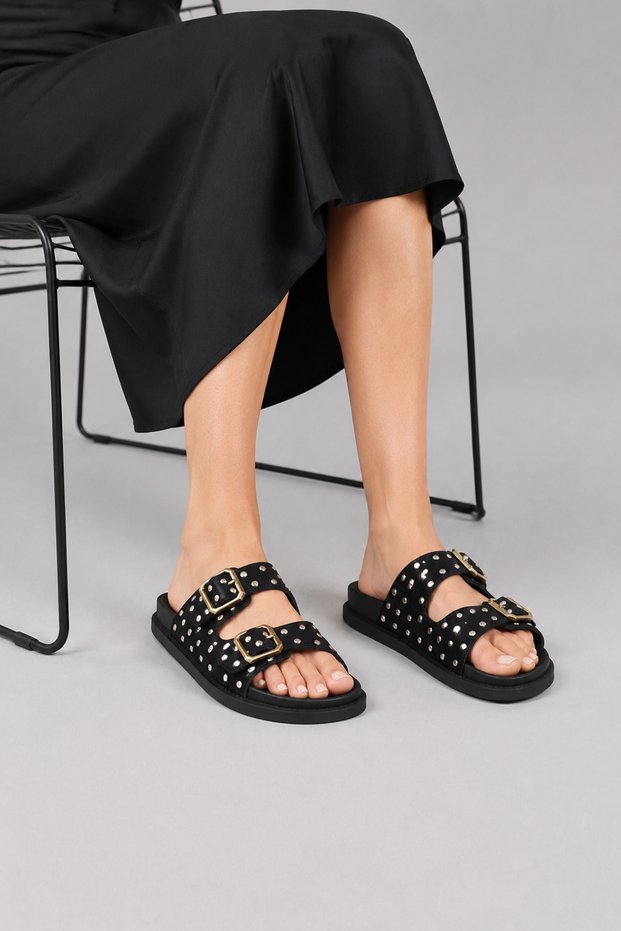Women's Black Double Buckle Stone Slippers Suede Look Flat Sole Casual Summer Sandals