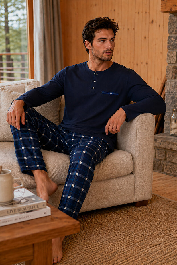 Combed Cotton Knitted Cotton Men's Long Sleeve Placketed Fileto Embroidered Pocketed Navy Blue Pajama Set