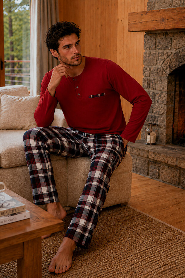 Combed Cotton Knitted Cotton Men's Long Sleeve Buttoned Fileto Embroidered Pocketed Burgundy Pajama Set