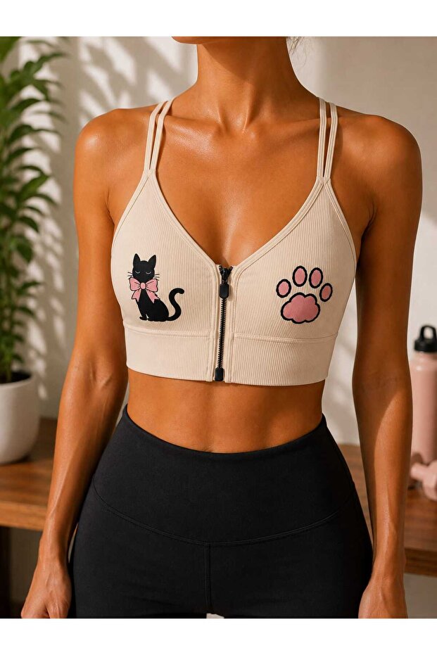 Ribbed Cat Patterned Zippered Sports Bra Bustier with Removable Pads