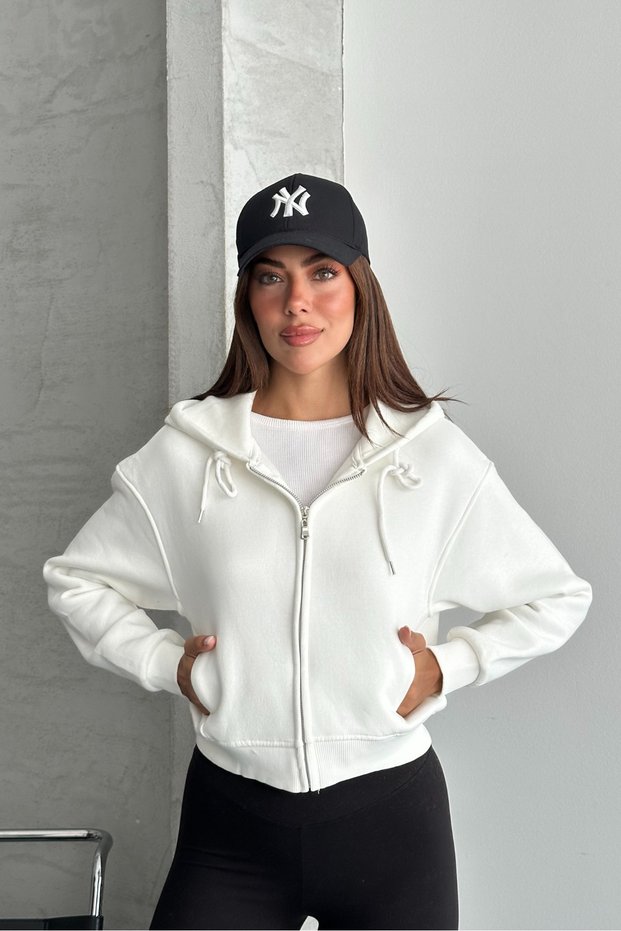 Metal Zipper Hooded Crop Sweatshirt with Hidden Pocket Cardigan
