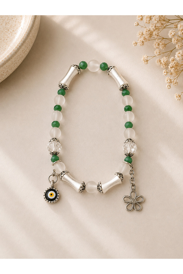 Elegant Charm Bracelet with Evil Eye Beads and Flower Figures, Dangling Green and White Beads 🧿 🌸 ✨