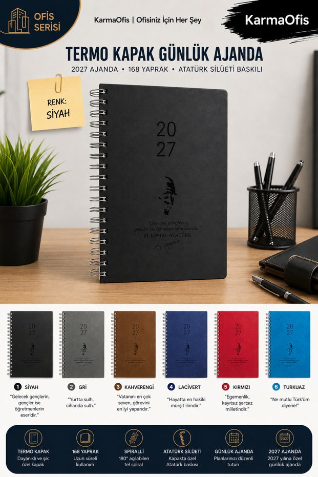 Ataturk Silhouette Daily Agenda 17X24 cm – 168 Sheets Thermo Cover Spiral Agenda – Black Color Option